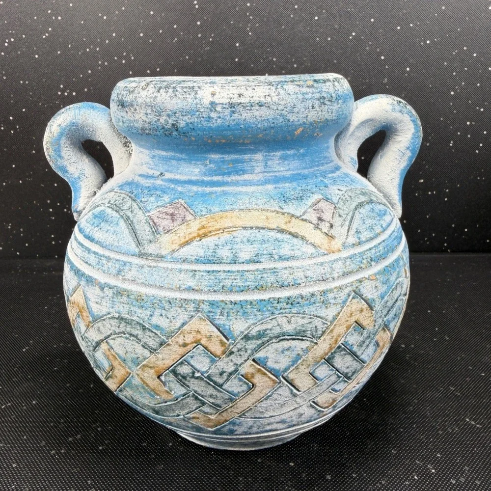 Andalusia Spain Studio Pottery Vase Blue White Geometric Carved 6in Handle VTG